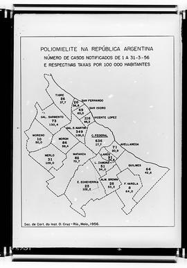Reprodução de mapa intitulado Poliomielite na República Argentina mostrando o número de casos not...