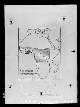 Mapa da África mostrando as localidades com casos confirmados de Febre Amarela e área aonde o M.P...