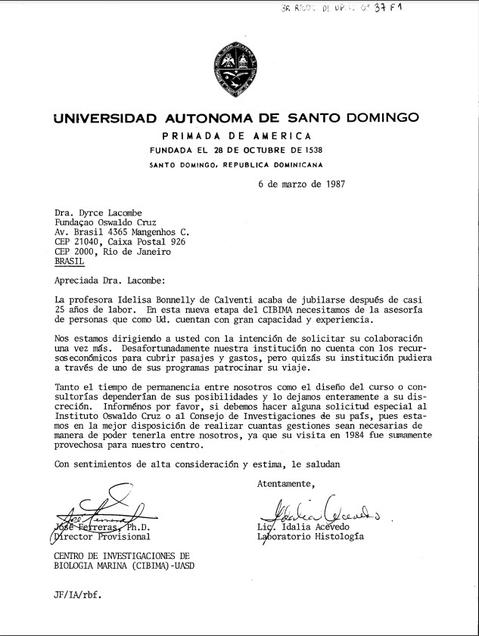Convite de colaboração de Dyrce Lacombe com a Universidad Autonoma de Santo Domingo