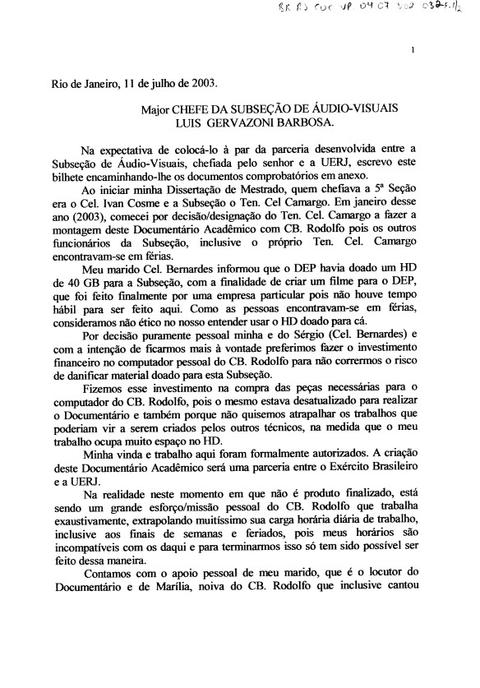 Carta de Margarida Bernardes ao Major Luis Gervazoni Barbosa