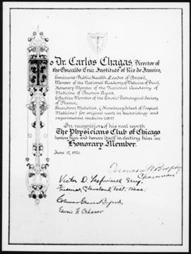 Diploma de membro honorário do Physicians Club de Chicago