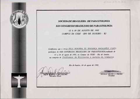 Certificado de participação no XIII congresso de parasitologia na categoria de professor de mini ...