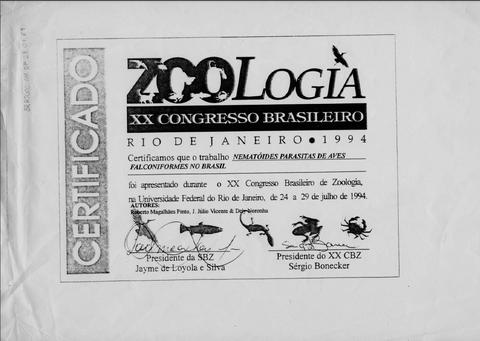 Certificado de apresentação de trabalho no XX Congresso Brasileiro de Zoologia