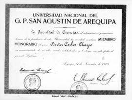 Diploma de membro honorário da Universidade Nacional de G. P. Van Agustin de Arequipa. Peru