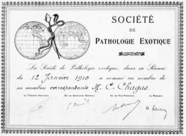 Nomeação de Carlos Chagas como membro correspondente da Société de Pathologie Exotique. Paris