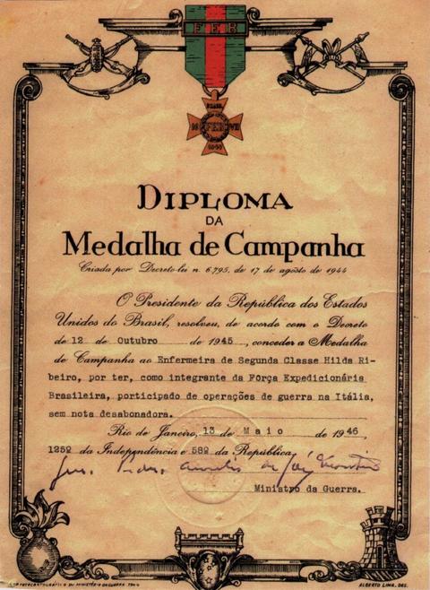Diploma da Medalha de Campanha de Hilda Ribeiro