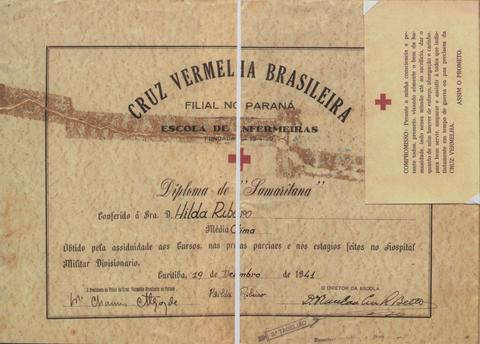 Diploma de samaritana conferido à Hilda Ribeiro com nota de compromisso