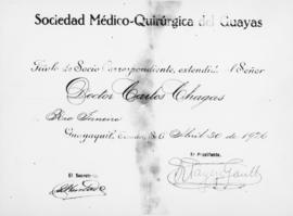 Título de sócio membro da Sociedade Médico-Cirúrgica de Guayas. Guayaquil