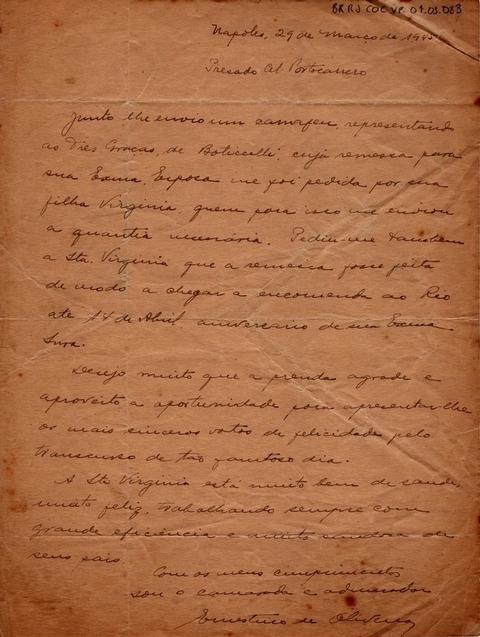 Carta para o Coronel Portocarrero enviada a pedido de Virgínia Portocarrero