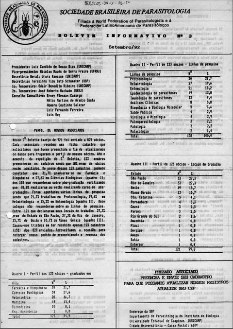 Boletim informativo n° 3 da Sociedade Brasileira de Parasitologia