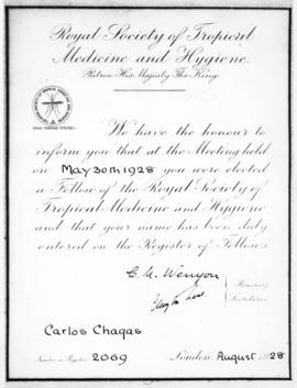 Diploma de membro da Royal Society of Tropical Medicine and Higiene. Londres