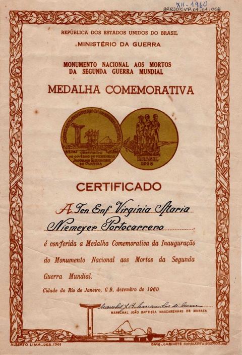 Certificado conferindo a Medalha Comemorativa da Inauguração do Monumento Nacional aos Mortos da ...