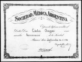 Diploma de membro honorário da Sociedade Médica Argentina. Buenos Aires