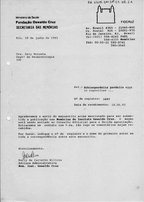 Agradecimento de envio de artigo manuscrito para a publicação nas Memórias do Instituto Oswaldo Cruz