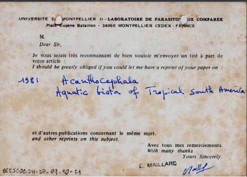 Correspondência do Laboratório de Parasitologia Comparada de Montpellier solicitando envio de art...