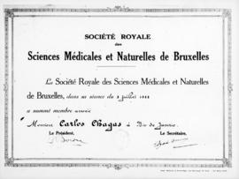 Diploma de membro associado da Sociéte Royale des Sciences Médicales de Bruxeles