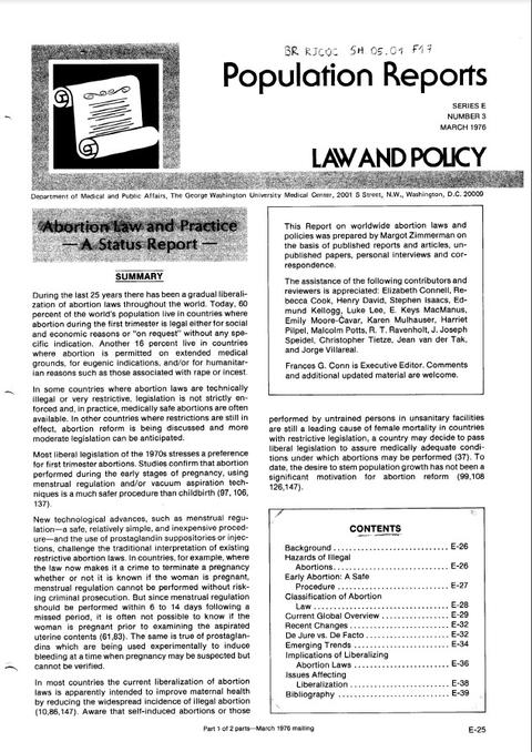 Population Reports: Family Planning Programs-Abortion Law and Practice. A Status Report