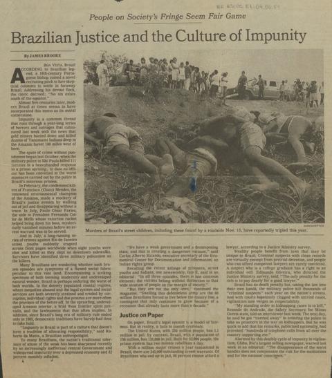 Recorte de jornal sobre a "cultura de impunidade" no Brasil