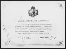 Fotografia do diploma concedido ao Oswaldo Cruz pela Academia Científica Lusitana