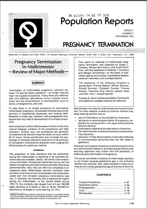 Population Reports: Family Planning Programs. Pregnancy Termination in Midtrimester. Review of Ma...