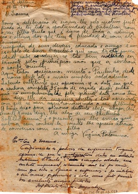 Carta de Virgínia Portocarrero para D. Iracema com trecho escrito pelo major Ari Duarte Nunes