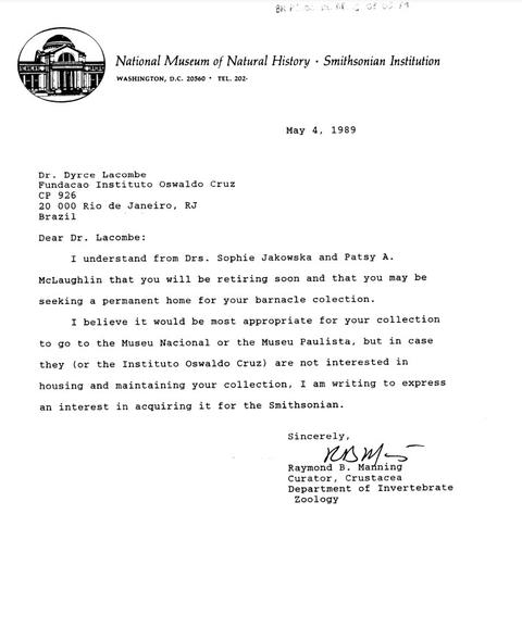 Carta de Interesse do Smithsonian Institution pela coleção de Cracas da Dr. Dyrce Lacombe