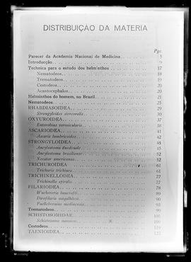 Reprodução do sumário do livro "Helminthos e helminthoses do homem, no Brasil", 1936, d...