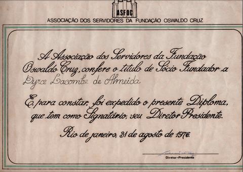Diploma de sócio fundador da ASFOC de Dyrce Lacombe