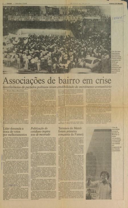 Recorte de jornal sobre crise nas associações de bairro no Rio de Janeiro