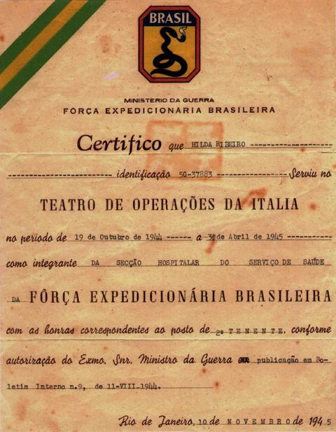 Certificado de serviço de Hilda Ribeiro no Teatro de Operações da Itália