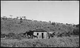 Foto em preto e branco. Em um campo de vegetação alta, dois cavalos e um homem de pé. Atrás, à esquerda, um telheiro de palha com cerca de madeira. À direita, uma casa de pau a pique, com uma porta e uma janela, abertas. Dentro da casa, uma mulher. Na lateral direita, duas janelas. Ao fundo elevação com vegetação.