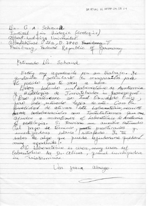 Carta de Dyrce Lacombe à Dr. G. A. Schaud requisitando colaboração para o laboratório do Institud...