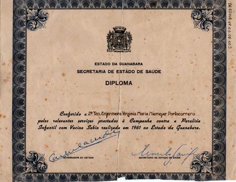 Diploma conferido a Virginia Portocarrero pelos serviços prestados à campanha contra a paralisia ...