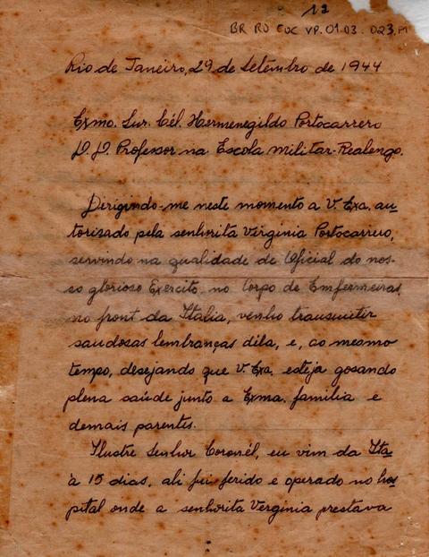 Carta do 3° sargento Sylvio Rodrigues em nome de Virgínia Portocarrero