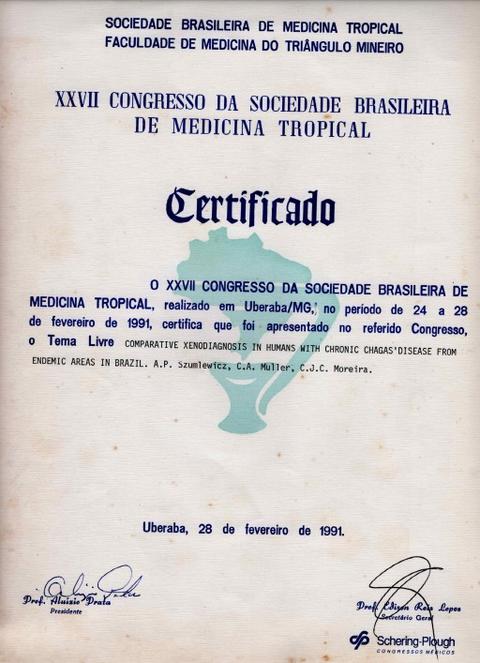 Certificado de apresentação de trabalho no XXVII Congresso da Sociedade Brasileira de Medicina Tr...