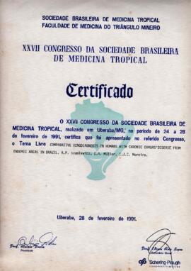 Certificado de apresentação de trabalho no XXVII Congresso da Sociedade Brasileira de Medicina Tr...