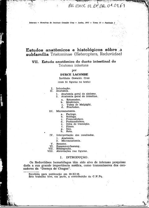 Estudos Anatômicos e Histológicos Sobre a Subfamília Triatominae (Heteroptera, Reduviidae)