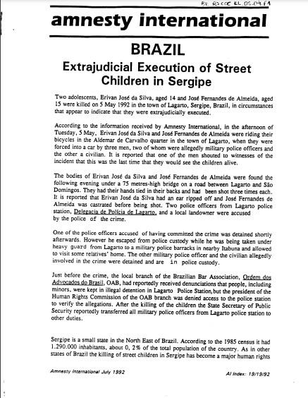 Brazil: Extrajudicial execution of street children in Sergipe