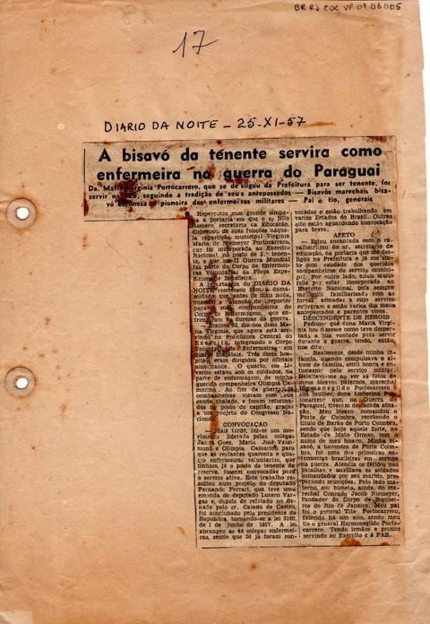 Recorte de jornal sobre a atuação da bisavó de Virginia Portocarrero na Guerra do Paraguai