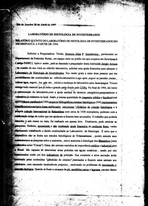 Relatório Sucinto do Laboratório de Histologia de Invertebrados em Jacarepaguá a partir de 1994