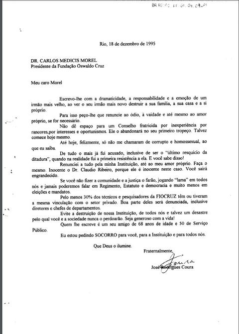Carta de José Rodrigues Coura ao Dr. Carlos Medicis Morel