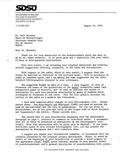 Carta em resposta a envio de artigo de Dely Noronha à Universidade do Estado de San Diego com cor...