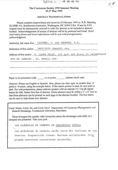 The Crustacean Society 1995 summer meeting - Abstract transmittal form