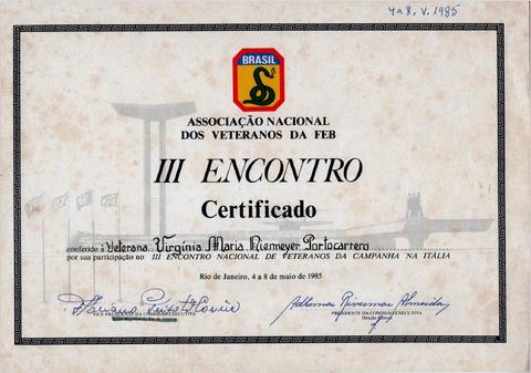 Certificado de participação no III Encontro Nacional de Veteranos da Campanha na Itália