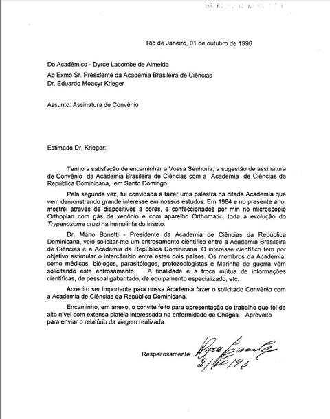 Solicitação de Dyrce Lacombe ao presidente da Academia Brasileira de Ciências