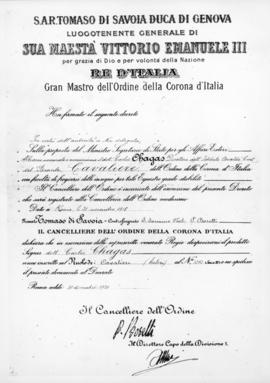 Certificado de nomeação de Cavalheiro da Ordem da Coroa da Itália