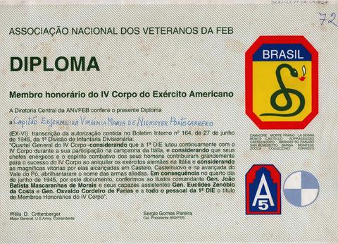 Diploma de membro honorário do IV Corpo do Exército Americano a Capitão Virginia Portocarrero