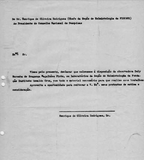 Declaração que dispõe os recursos do laboratório da seção de Helmintologia da Fiocruz à Dely Noronha