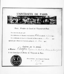 Diploma de doutor da Universidade de Paris