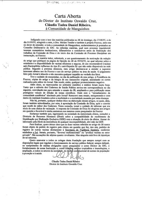 Carta aberta à Comunidade de Manguinhos sobre matéria publicada no Jornal do Brasil dia 27/08/1995